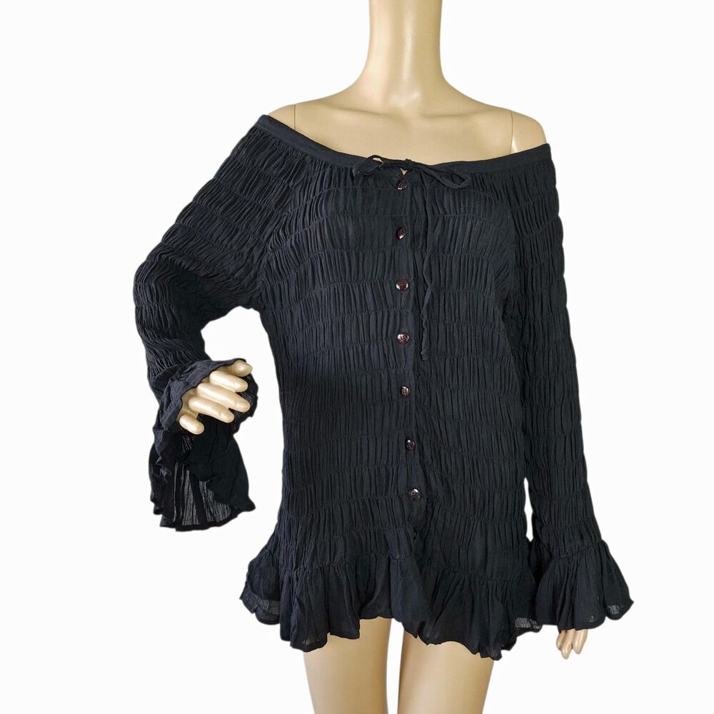 Vintage 90's Raiment Black Crinkle Smocked Off the Shoulder Blouse - Large EUC